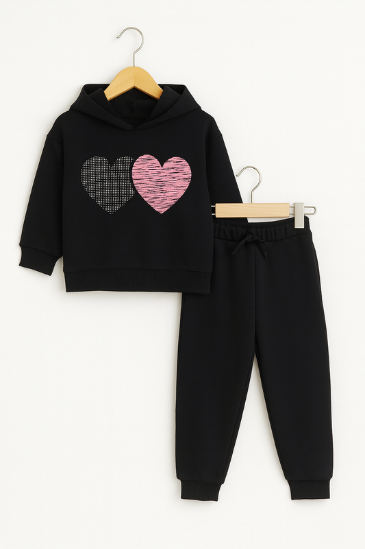 Hearts Print Black Hoodie Tracksuit Girls 408