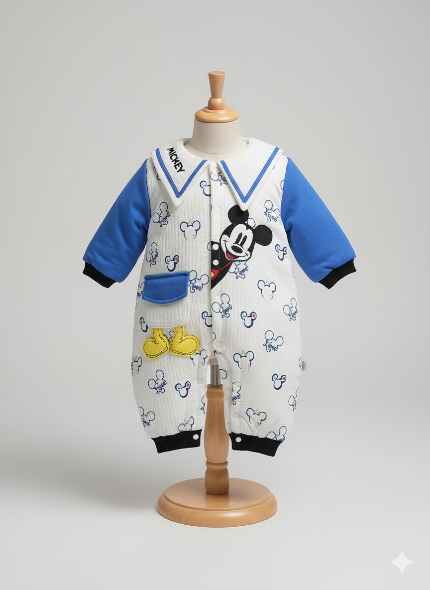 Mickey Print Quilted Bodysuit – Blue Sleeves & Black Trim