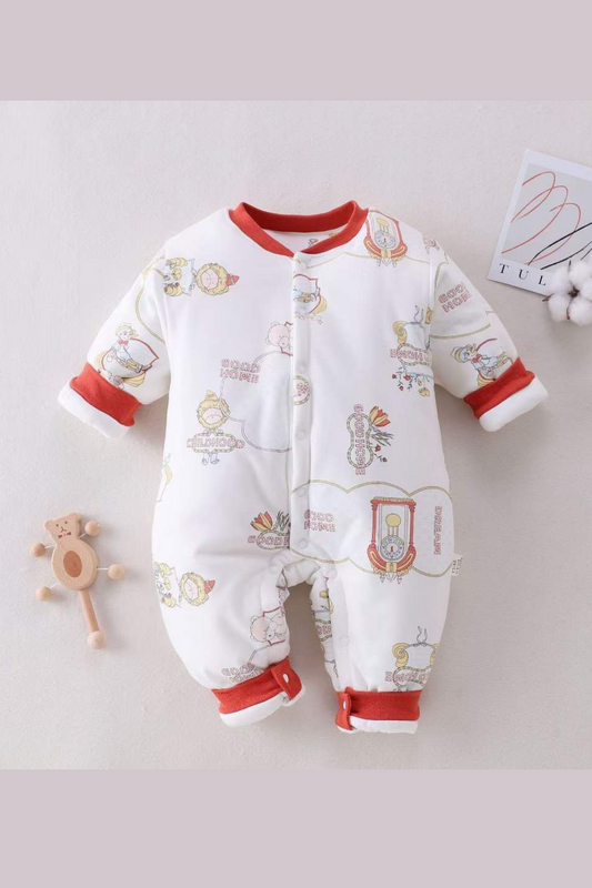 Cozy Cartoon-Print Winter Baby Romper with Red Trim