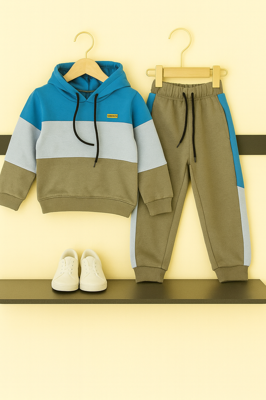 Color Block Hoodie & Jogger Set – Blue & Olive Green