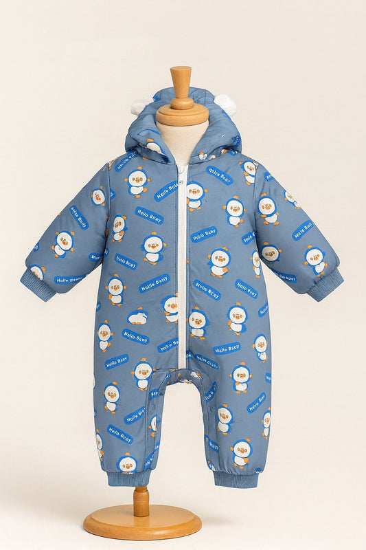 Hello Baby Penguin Snowsuit – Cozy Blue Winter Romper