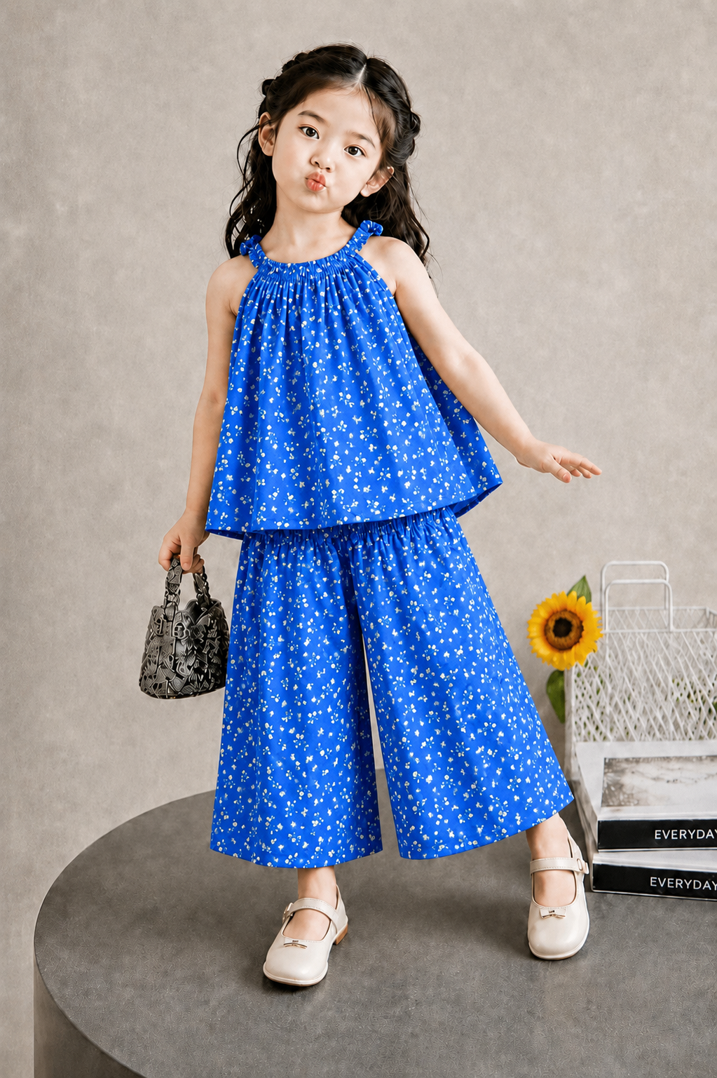 Elegant Floral Blue Top & Wide-Leg Pants Set