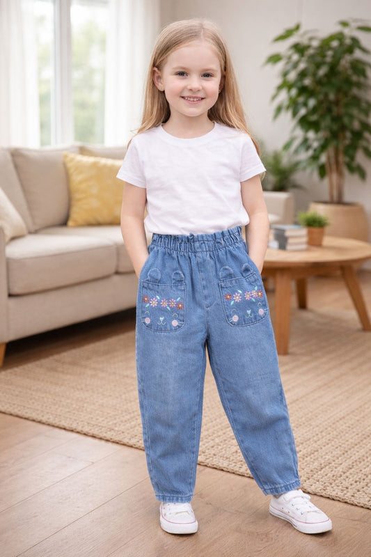 Cute Bunny Pocket Pull-up Denim Pants -Light Blue
