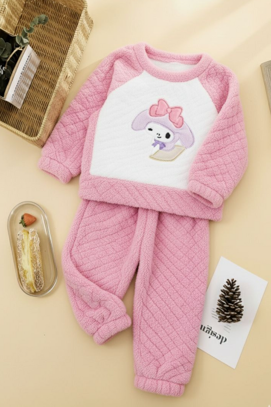 Girls’ Warm Coral Fleece Dolly Night Suit - Pink