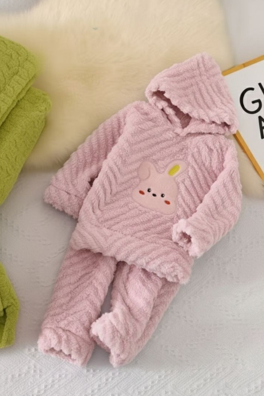 Kids Fuzzy Bunny Winter Night Suit- Pink