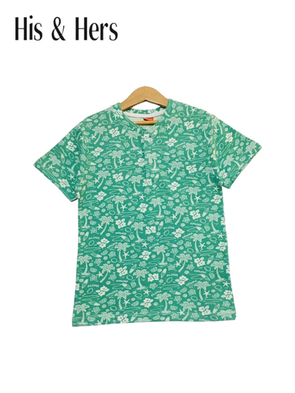 Hawaiian Pattern Print Green Henly Polo Shirt Boys 214