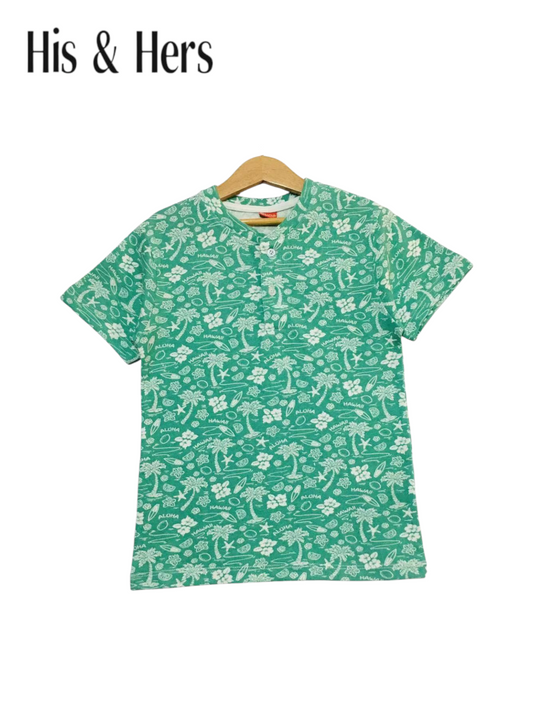 Hawaiian Pattern Print Green Henly Polo Shirt Boys 214