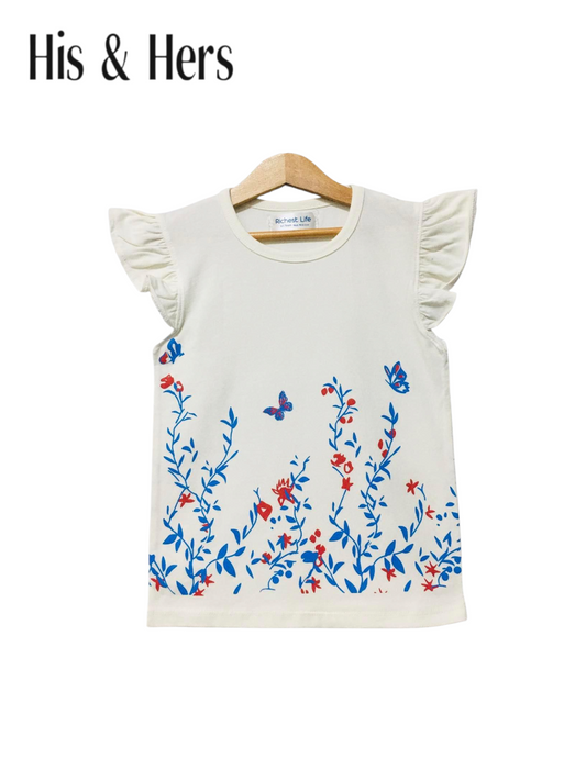 Butterfly &Flowers White T-Shirt Girls