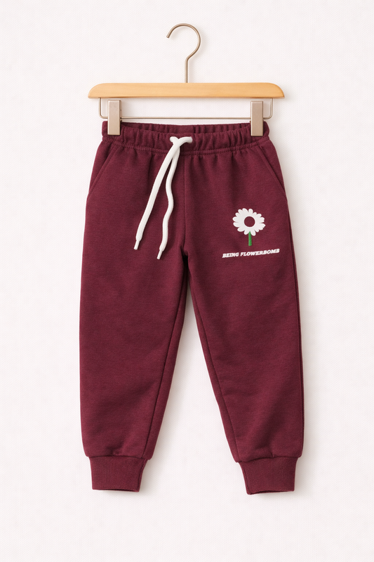 One Flower Print Mahroon Fleece Jogger Pants