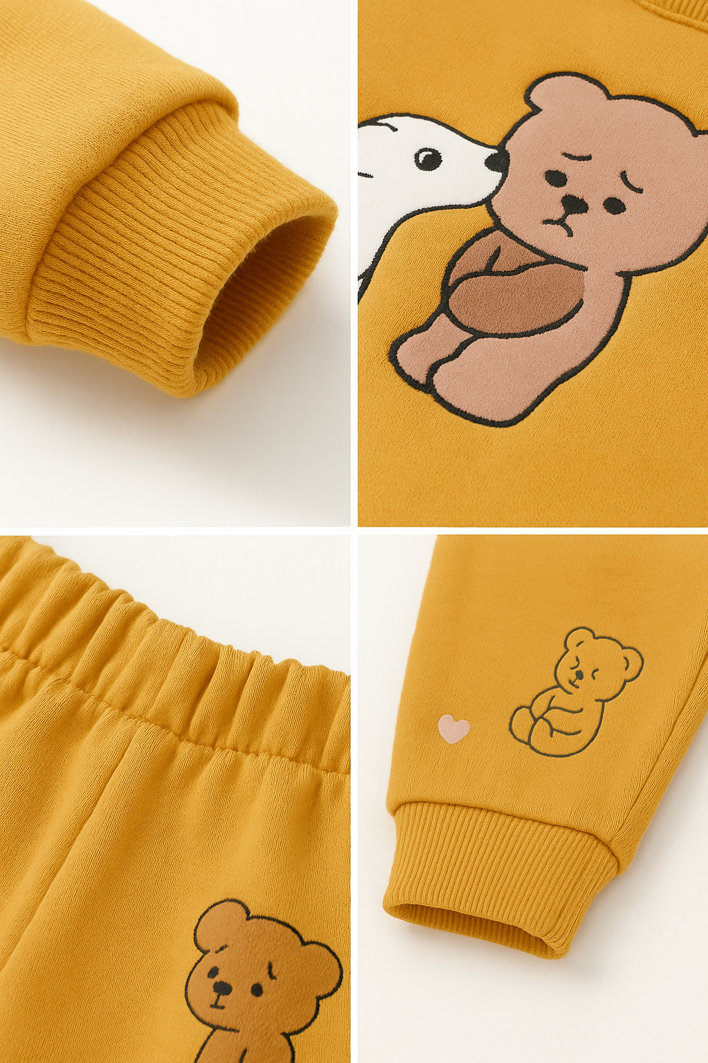 Mustard Bear Print Fleece Tracksuit – Cozy Winter Wear for Kids 387