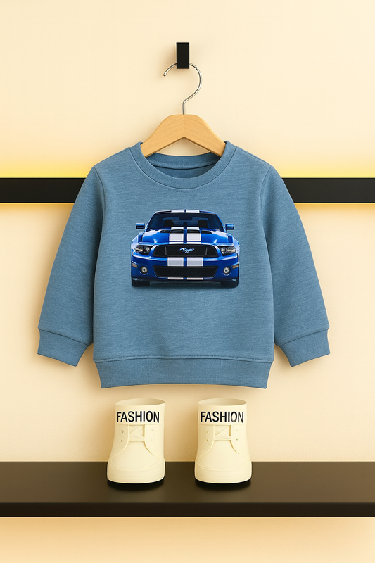 Car Printed Blue Fleece Sweatshirt Boys