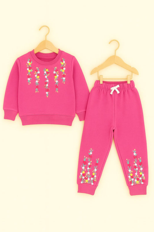 Pink Floral Embroidered Girls Tracksuit