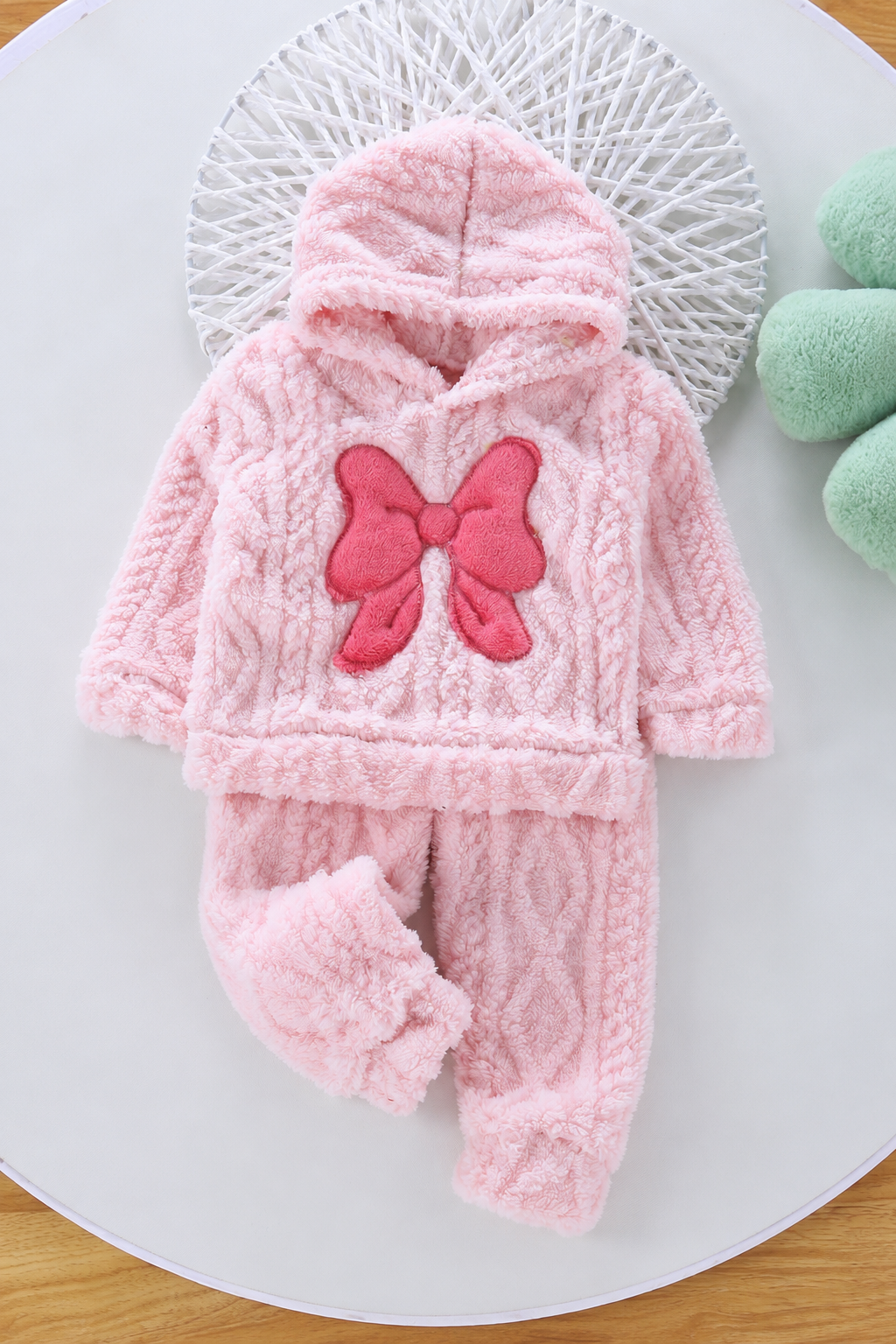 Baby Pink Bow Coral Fleece Winter Night Suit 140