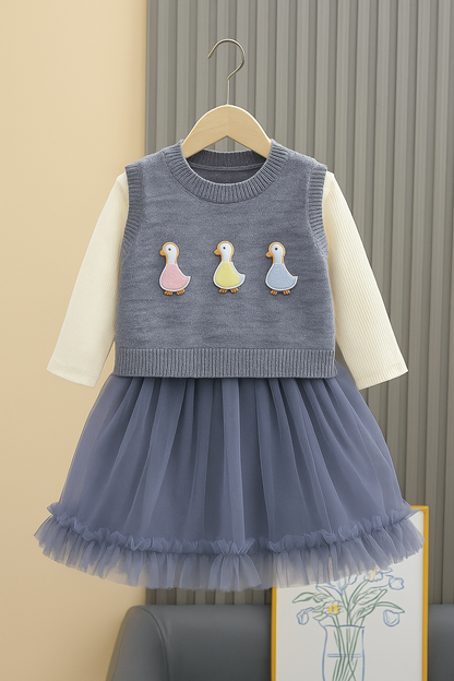 Girls Grey Blue Duck Knit Vest with Cream Tulle Dress | 2-Piece Winter Outfit