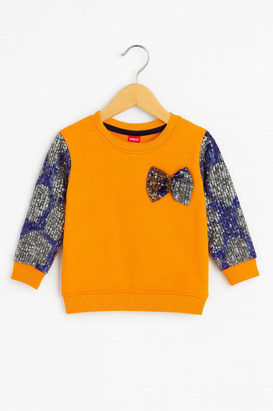 Girls' Mustard Sweatshirt with Sequin Sleeves & Embellished Bow 453