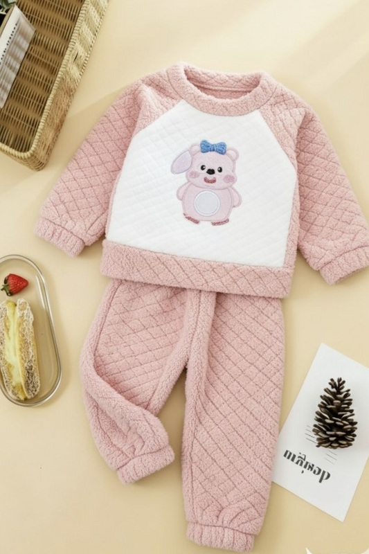 Girls’ Warm Coral Fleece Teddy Night Suit - Baby Pink
