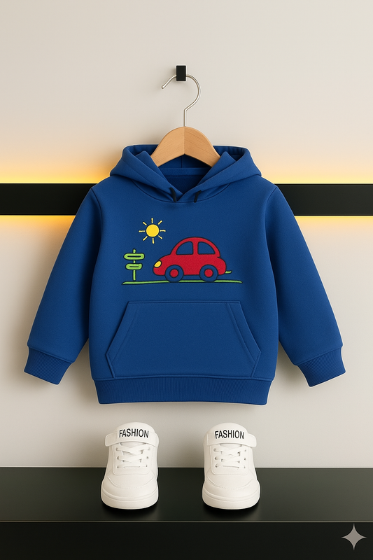 Boys Cartoon Car Print Hoodie- Royal Blue