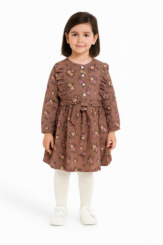 Girls’ Brown Floral Frock with Ruffle Detail 128