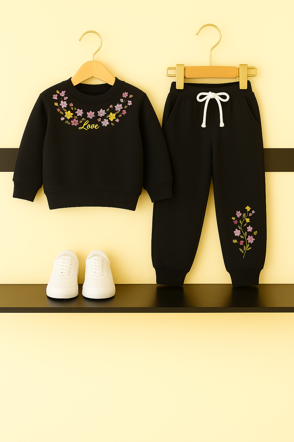 Black Embroidery Fleece Tracksuit – Cozy Winter Wear for Kids 116