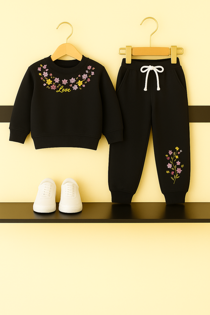 Black Embroidery Fleece Tracksuit – Cozy Winter Wear for Kids 116