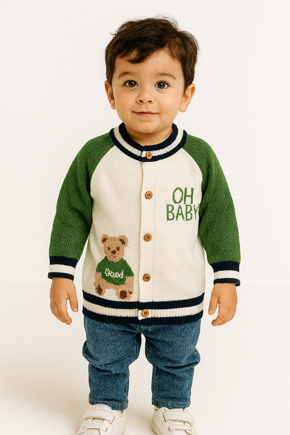 Bear Print Knitted Green Sweater Cardigans Boys