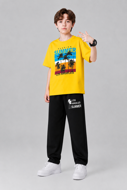 Summer Vibes Printed Yellow Boys T-Shirt & Trouser 509