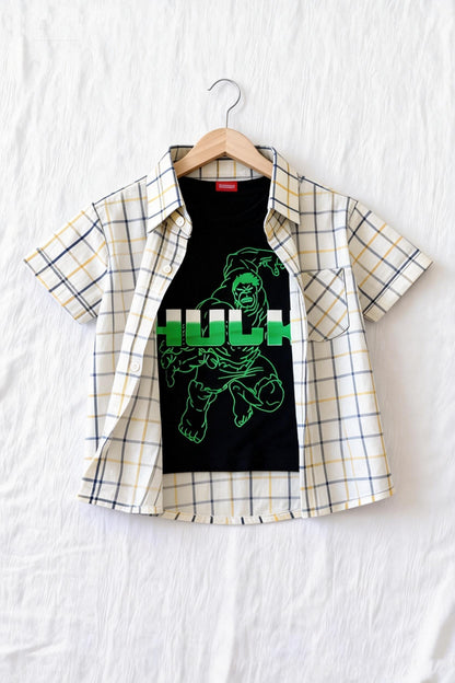 Blue & Yellow Checked Hulk Print Double Casual Shirt Boys 208