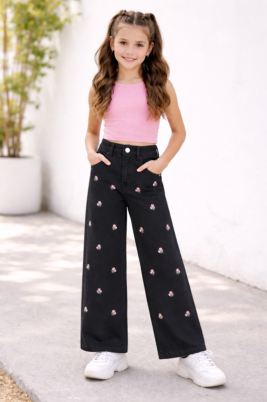 Kids Flowers Allover Embroidered Flapper Jeans – Black