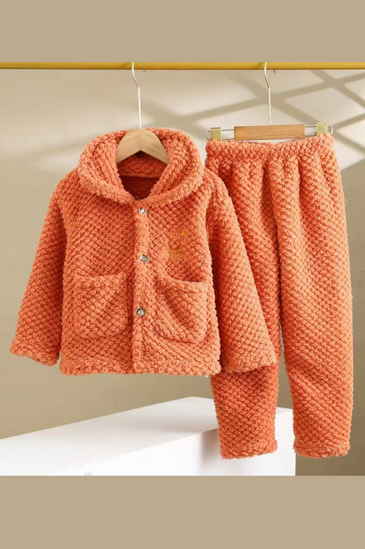 Orange Coral Fleece Winter Night Suit for Girls – Soft & Warm Two-Piece Lounge Set