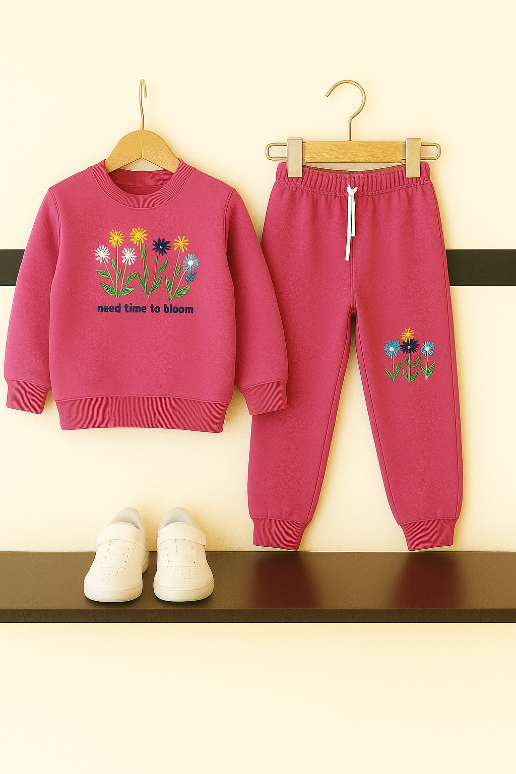 Pink Embroidery Fleece Tracksuit – Cozy Winter Wear for Kids