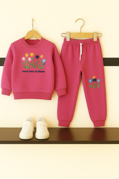 Pink Embroidery Fleece Tracksuit – Cozy Winter Wear for Kids