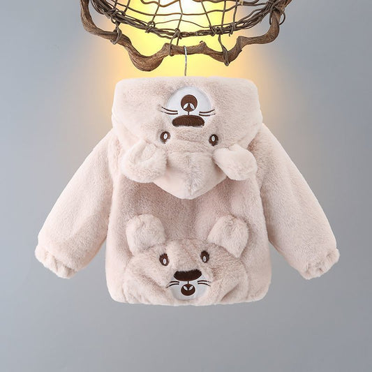 Plush Teddy Bear Hoodie Jacket  – Soft Beige Fur with 3D Ears & Paw Pockets