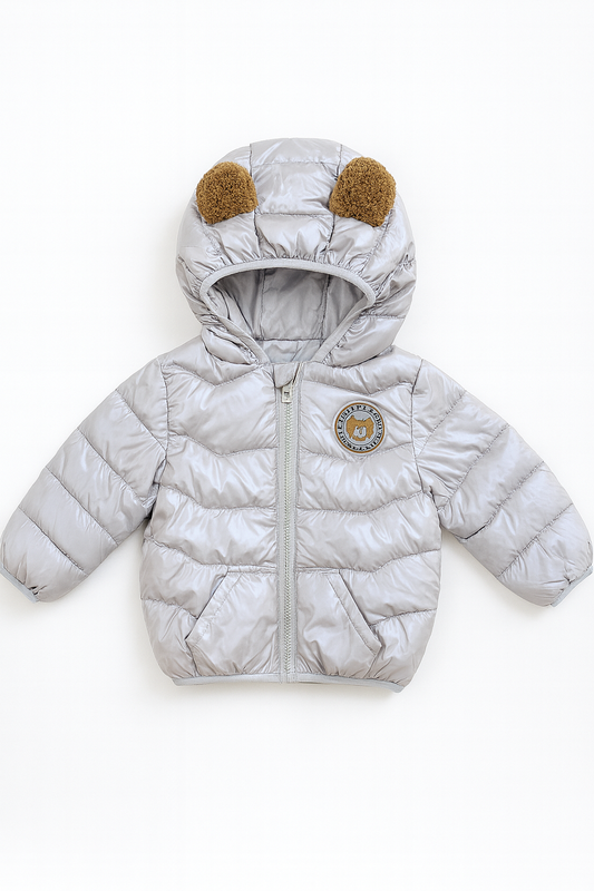Imported Puffer Jacket Teddy Ears   - Shiny Grey