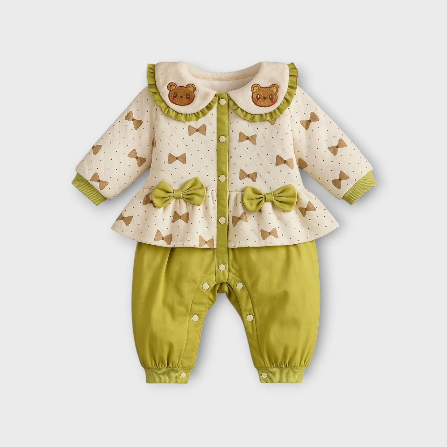 Sweet Bear Bow Baby Romper – Olive Green & Cream