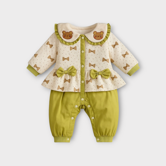 Sweet Bear Bow Baby Romper – Olive Green & Cream