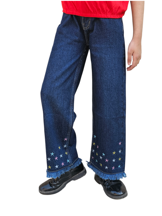 Stars Embroidery Kid's Dark Blue Denim Pants Girls 117