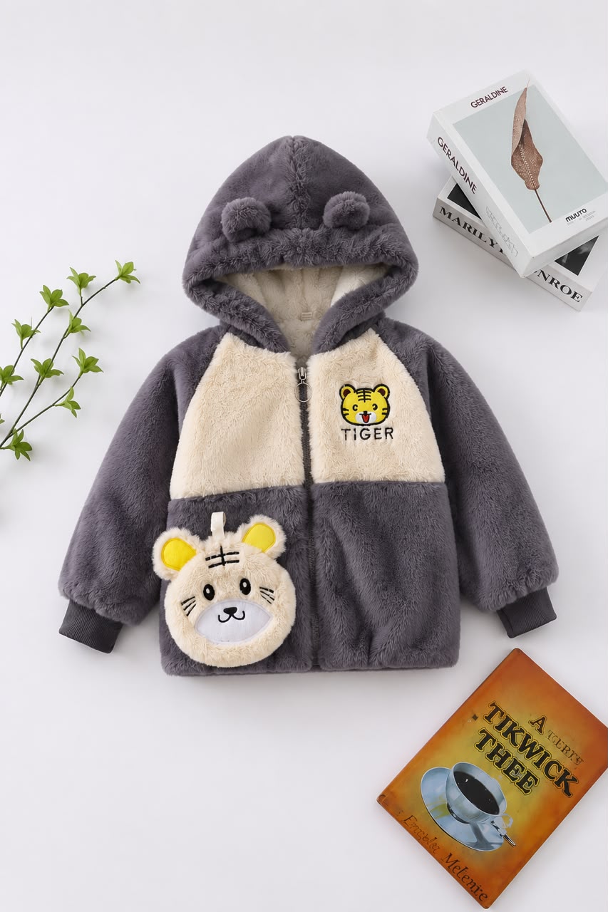 Kids Tiger Plush Hooded Jacket – Ash Grey & Cream 121