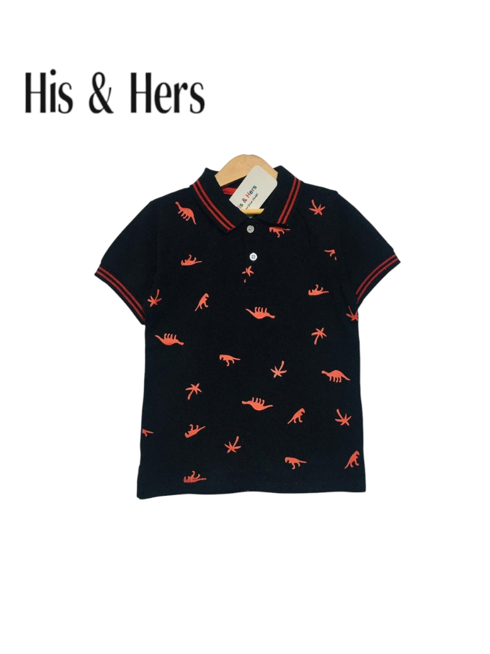 Dinosaur Prints Kid's Black Collar Polo Shirt Boys 104
