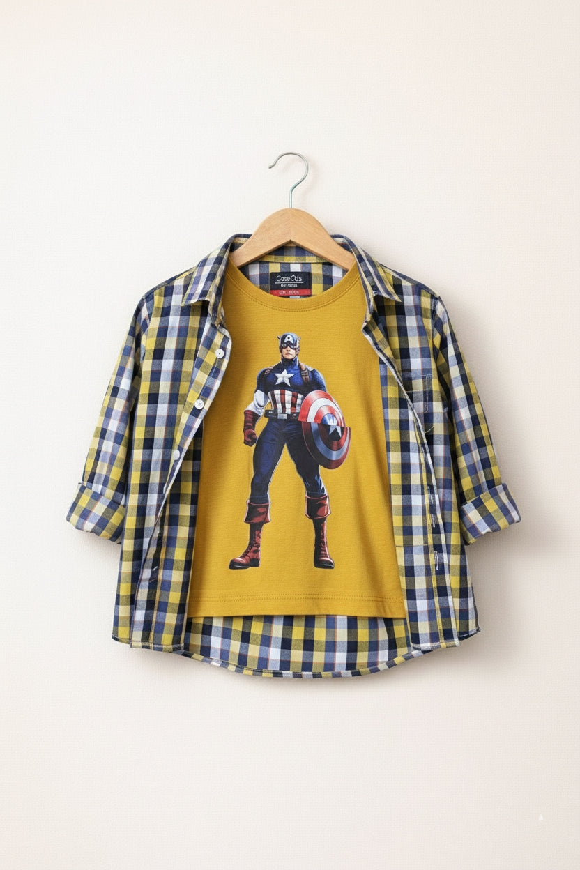 Captain America Printed Double Casual Shirt- Yellow Check 113