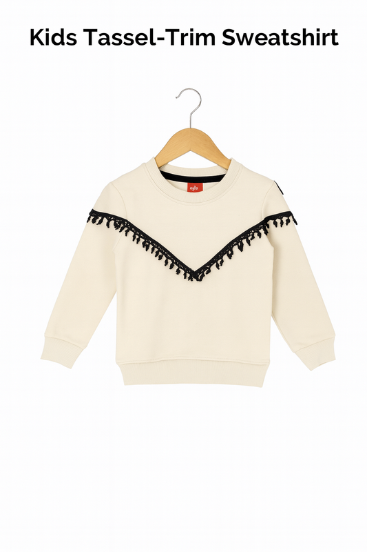 Kids Cream Sweatshirt with Black Tassel Trim 122