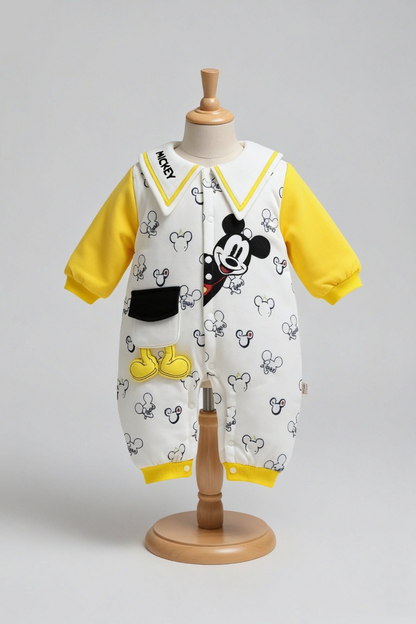 Mickey Print Quilted Bodysuit – Yellow Sleeves &  Black Trim