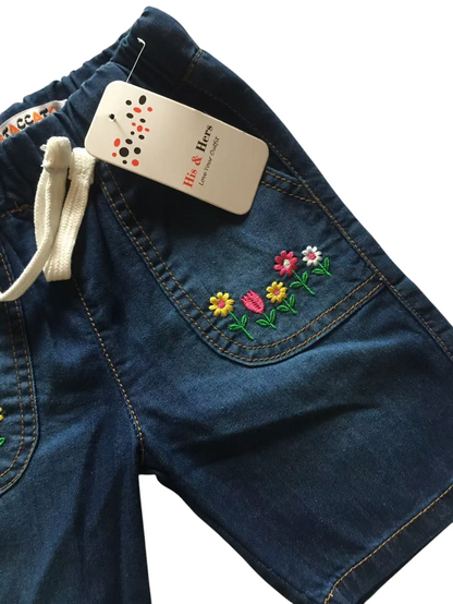 Flowers Embroidery Mid Blue Denim Shorts Girls 120