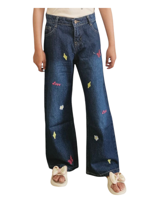 Love Embroidered Dark Blue Denim Flapper Pants Girls 270