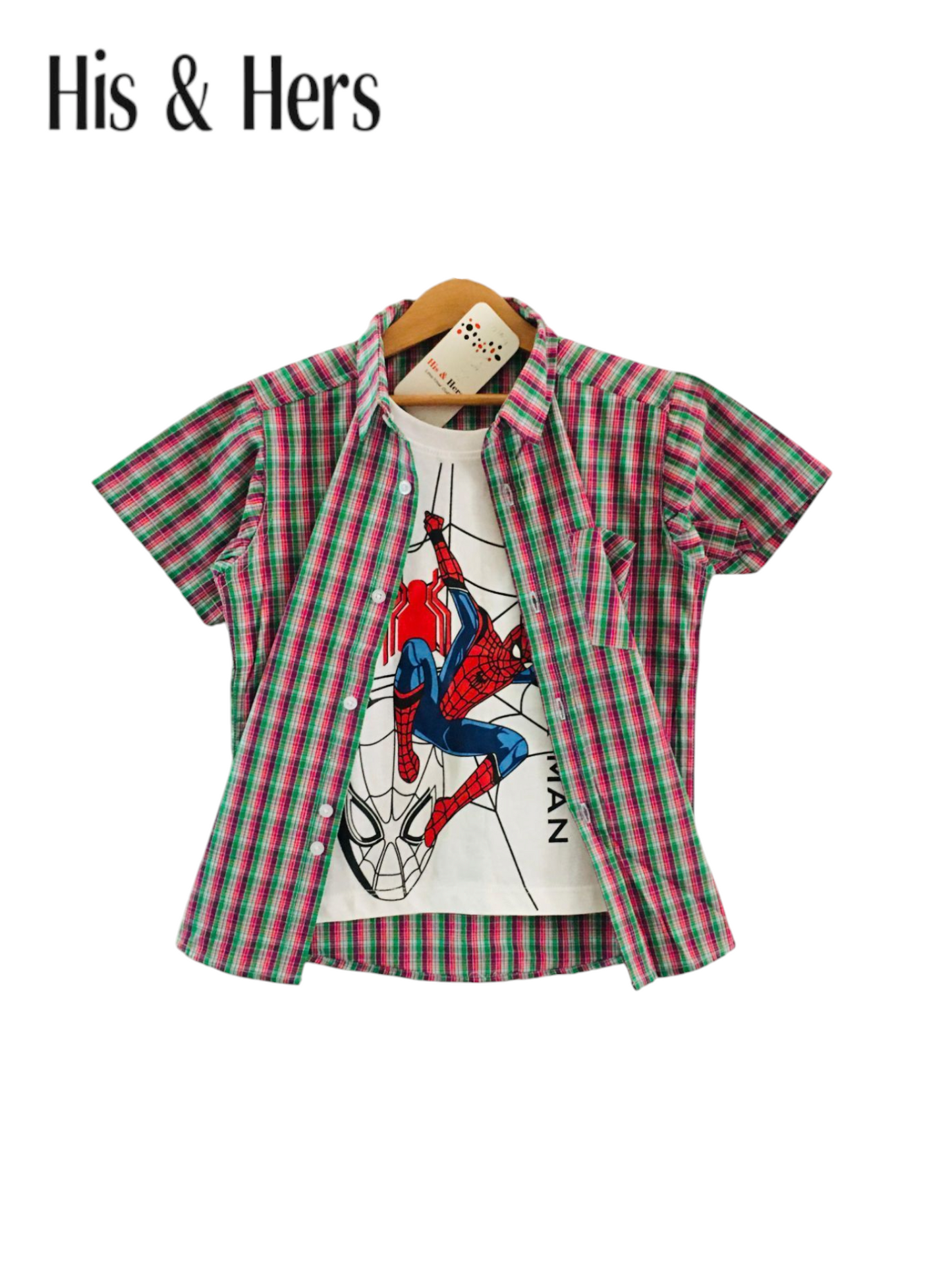 Green Pink Checked Spiderman Double Casual Shirt 210