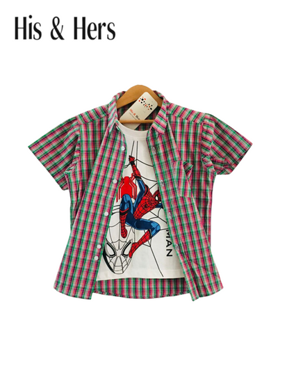 Green Pink Checked Spiderman Double Casual Shirt 210