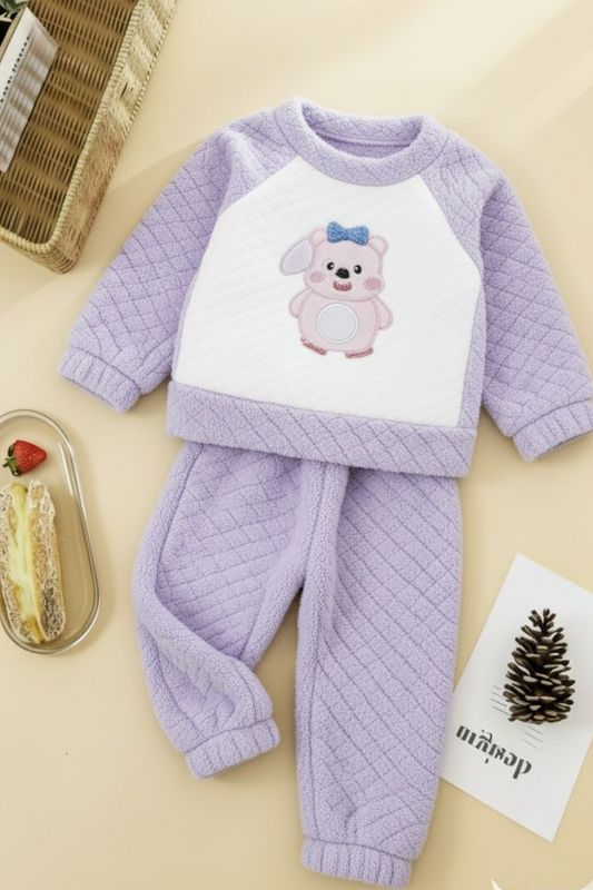 Girls’ Warm Coral Fleece Teddy Night Suit - Light Purple