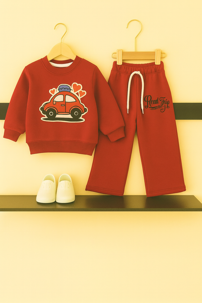 Car Printed Fleece Flapper Tracksuit – Red 305
