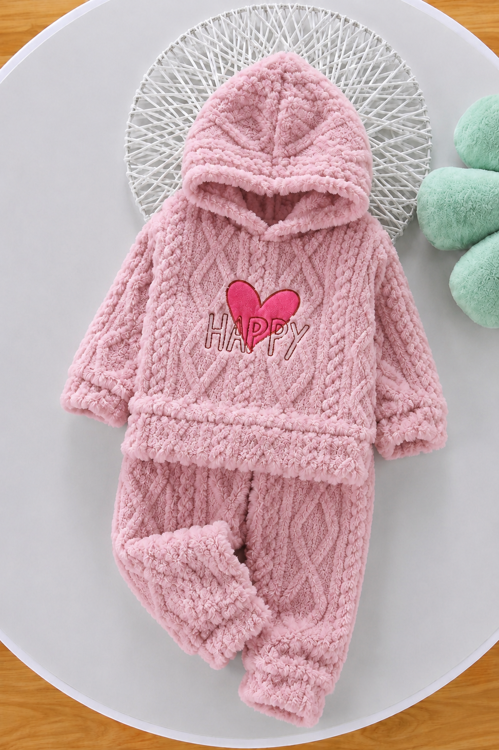 Pink Happy Heart Coral Fleece Winter Night Suit 141