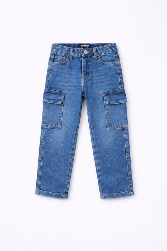 Kids Dark Blue Denim Cargo Pants – Classic Fit