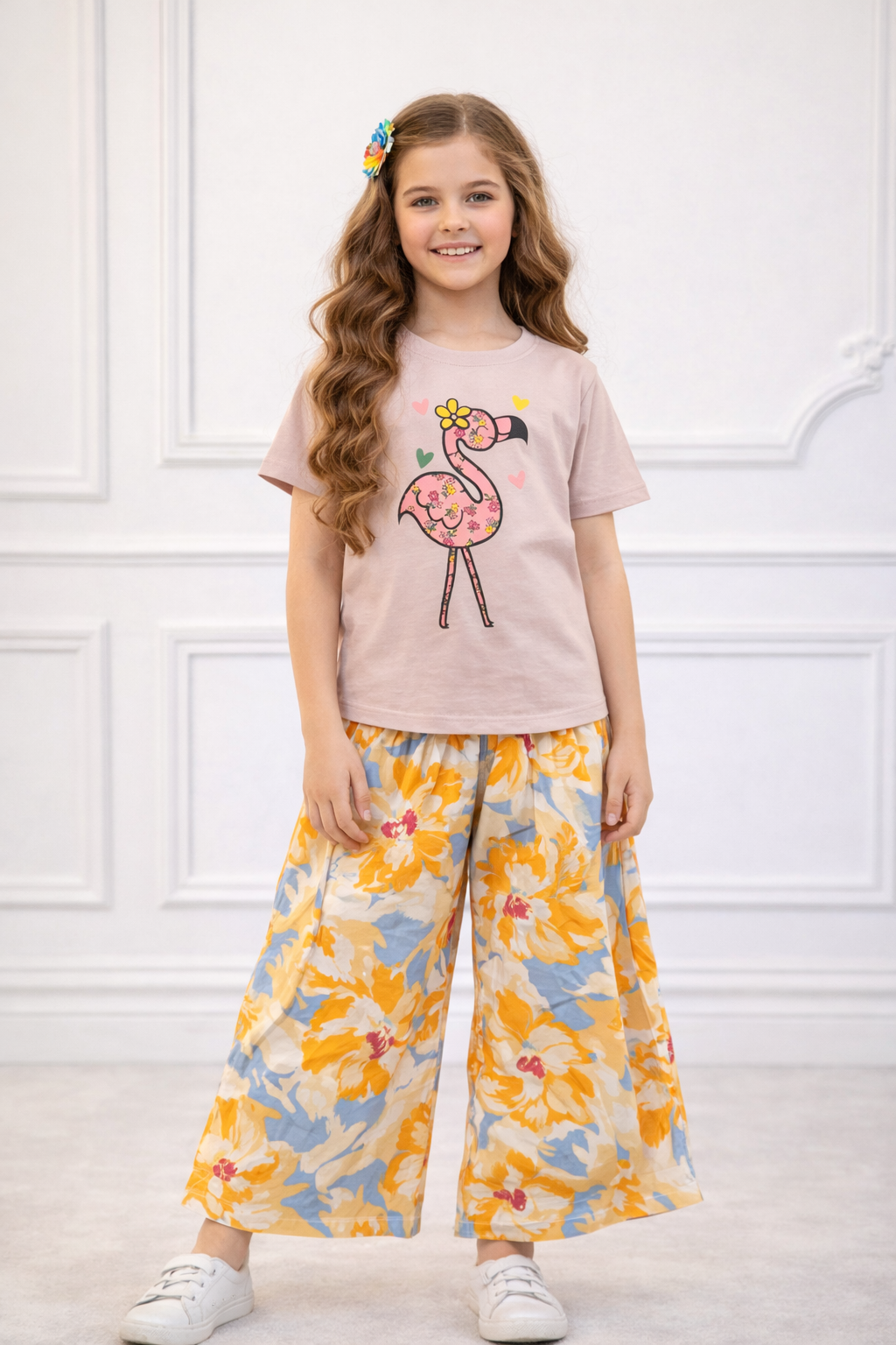 Flamingo Printed Dusty Pink T-shirt & Cotton Flapper